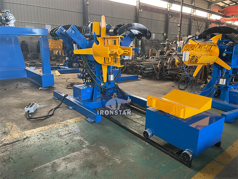 “Automatic 5 Ton 500mm Double Head Hydraulic Decoiler With Coil Loading Vehicle For Steel Coil Feeding Double Head Hydraulic Uncoiler 5T Capacity 500mm Width Decoiler Equipped With Loading Trolley”